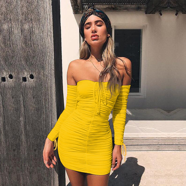 2019 Women Autumn Winter Bandage Dress Women Sexy Off Shoulder Long Sleeve Slim Elastic Bodycon Party Dresses