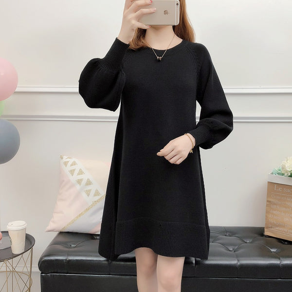 Spring and autumn new large size women's knit sweater bottoming shirt loose casual cover belly slim dress