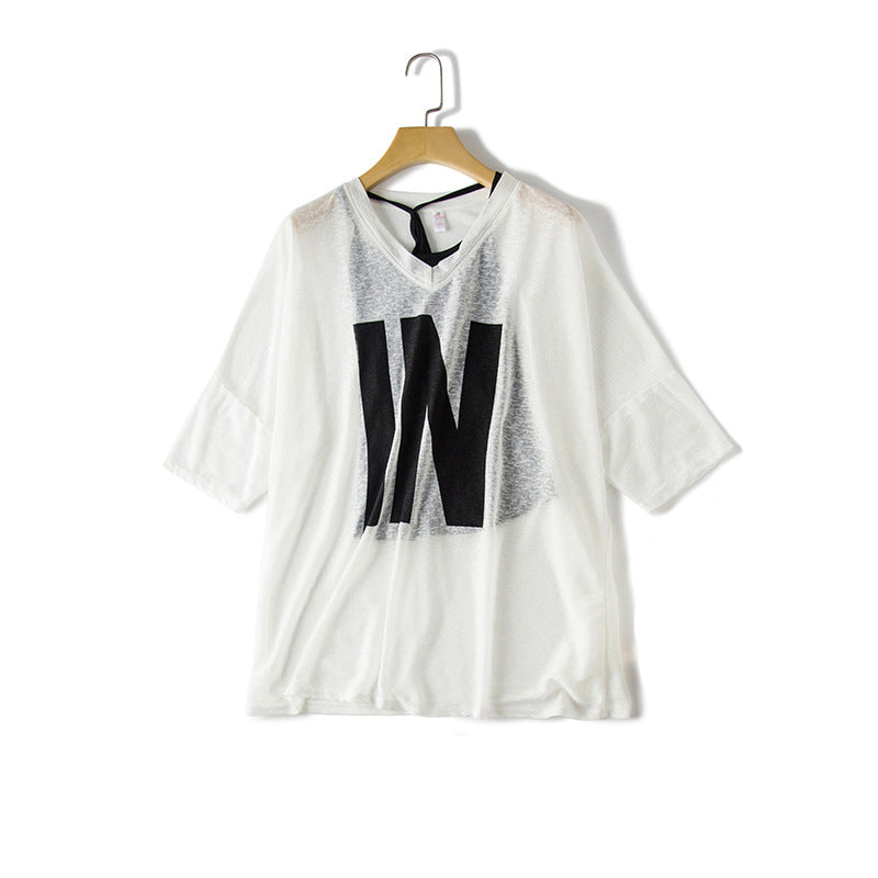 Women's V-neck T-shirt  Korean version of the loose seven-point sleeve shirt hanging shirt