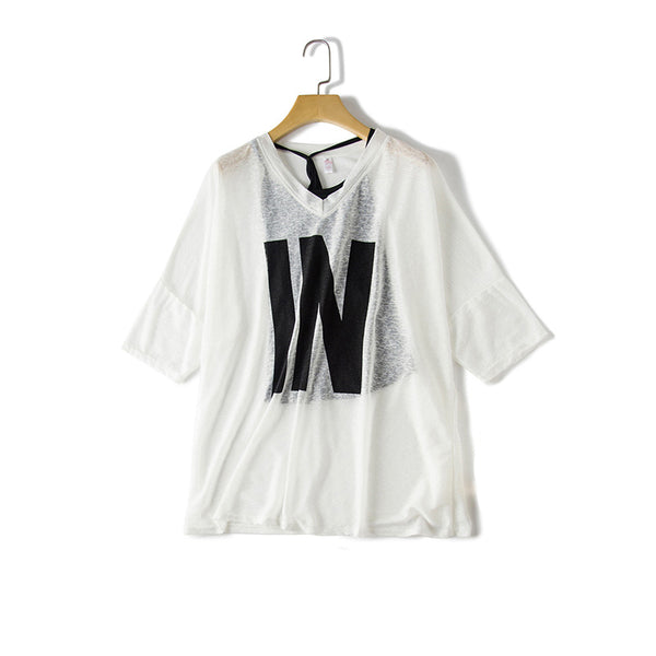 Women's V-neck T-shirt  Korean version of the loose seven-point sleeve shirt hanging shirt