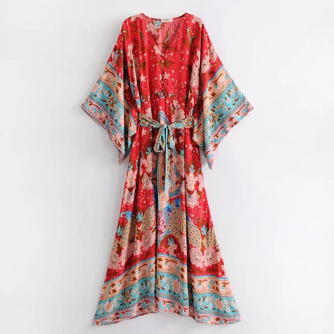 Summer new Bohemia V-neck print long skirt is waistband loose fashion kimono dress