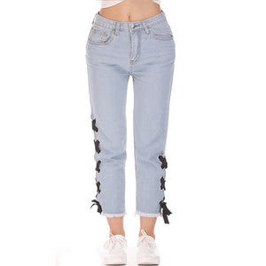 Women's Jeans Summer Europe and the United States New Side Bandage Jeans Slim Fringe Pants