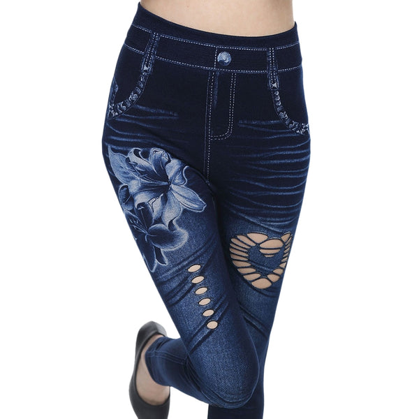 Hole Heart Printing Faux Denim Pants