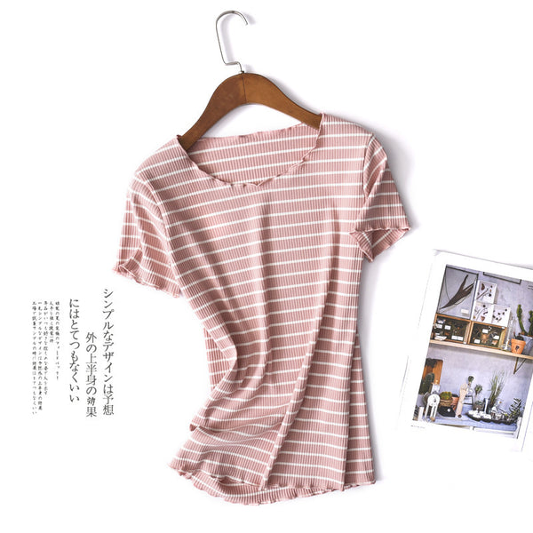 summer new striped half-sleeved T-shirt large size simple wild cotton round neck shirt