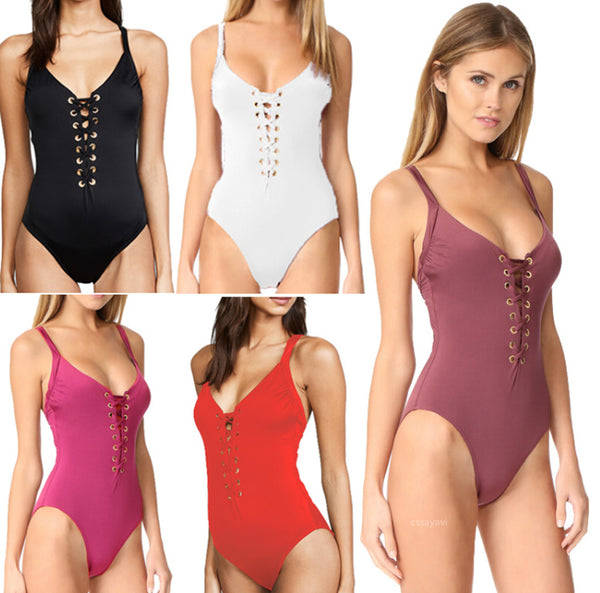 New lace-up one-piece swimsuit ladies sexy solid color bikini