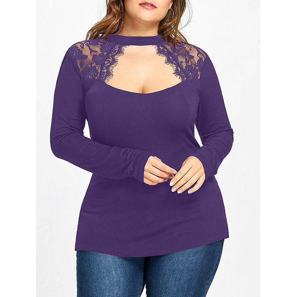 Europe and the United States loose casual lace bare chest long-sleeved solid color increase plus shirt T-shirt