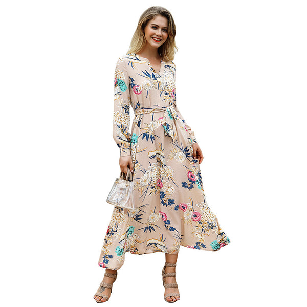 New women's printed V-neck long-sleeved dress