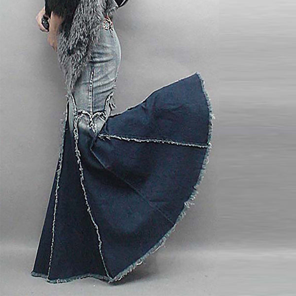 Blue Casual Denim Mermaid Gradient Fringed Midi Skirt