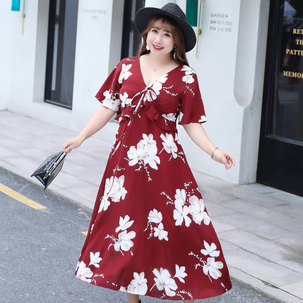 Spring and summer new fat sister plus fertilizer XL women's chiffon flower dress holiday beach skirt