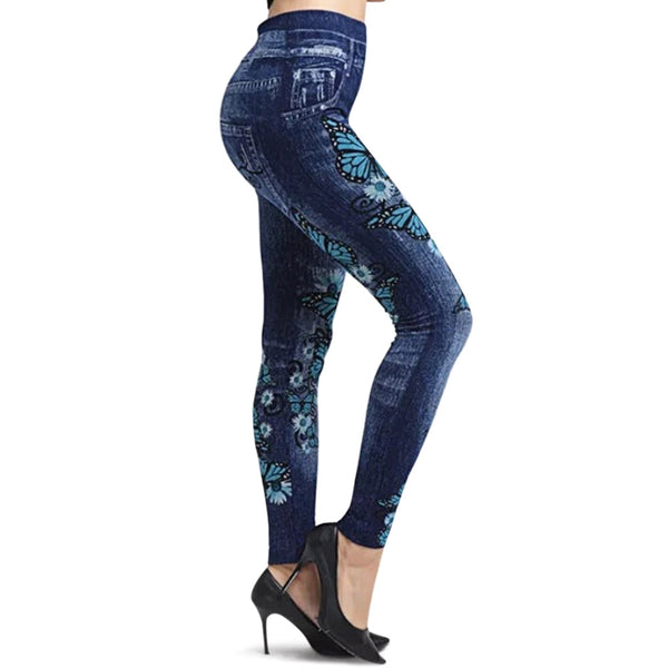 Floral Print Butterfly Faux Denim Leggings