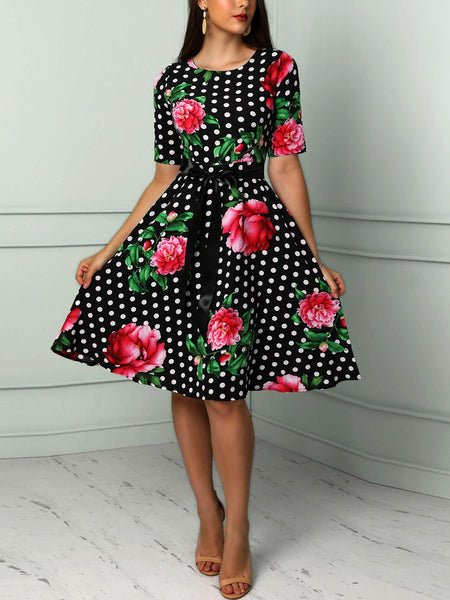 Vintage Floral & Dot Print Belted Casual Dress