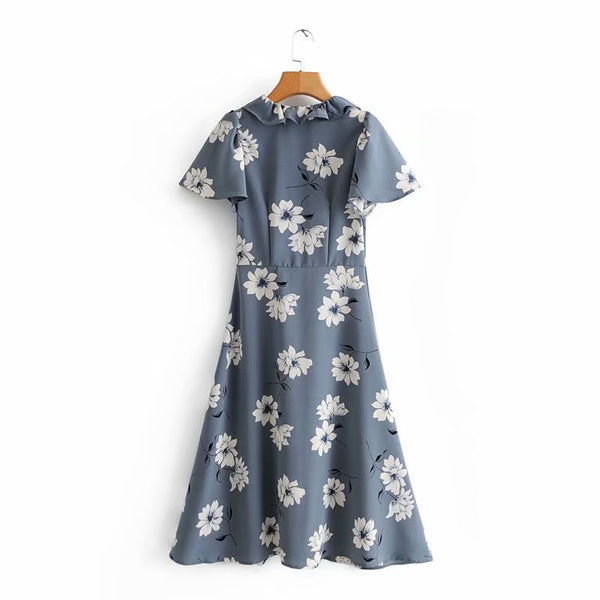 Women's ruffled collar large flower long print short-sleeved dress