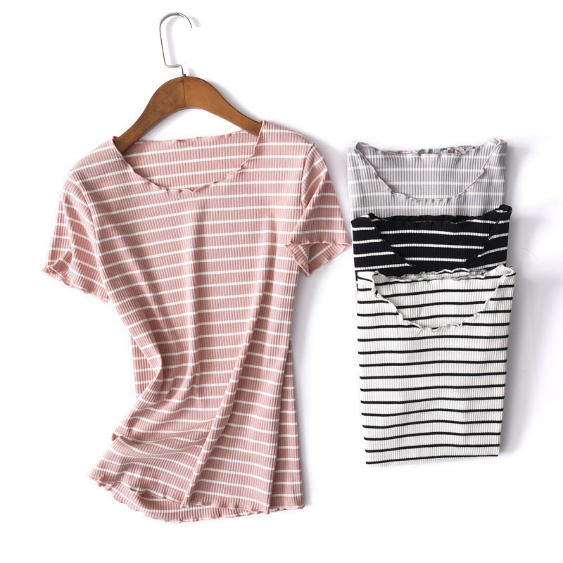 summer new striped half-sleeved T-shirt large size simple wild cotton round neck shirt