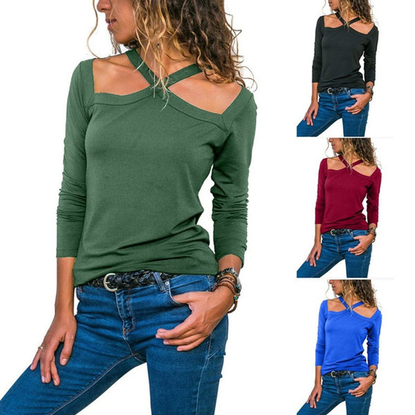 Hanging neck cross with strapless sexy long-sleeved T-shirt