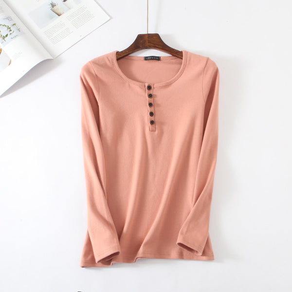 autumn new women's cotton long-sleeved T-shirt Korean version of the large size wild round neck five-button bottoming shirt shirt