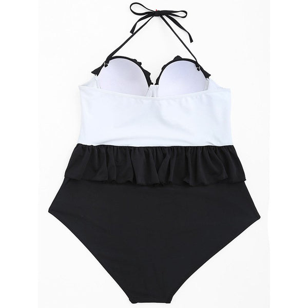 body black and white stitching lace sexy steel plate gathered Siamese women's swimsuit