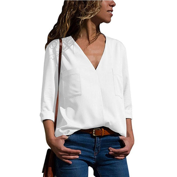 hot V-neck pocket chiffon long-sleeved shirt