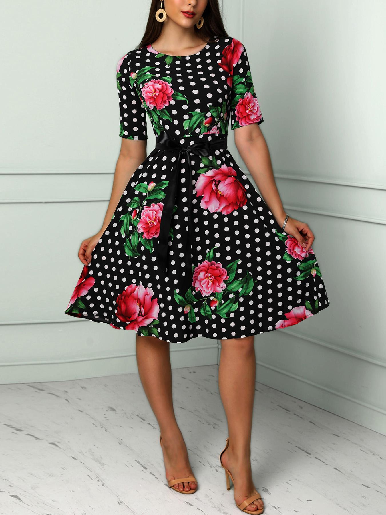 Vintage Floral & Dot Print Belted Casual Dress