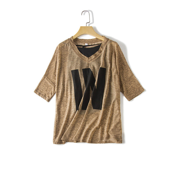 Women's V-neck T-shirt  Korean version of the loose seven-point sleeve shirt hanging shirt