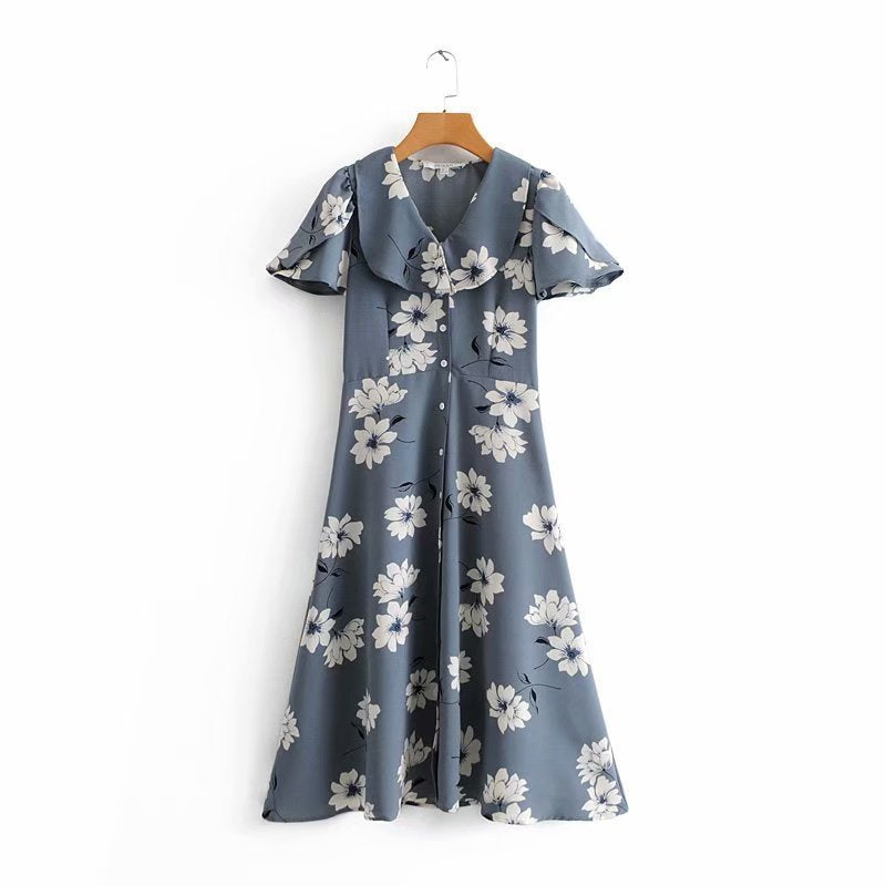 Women's ruffled collar large flower long print short-sleeved dress