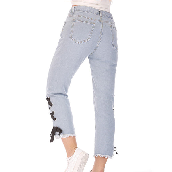 Women's Jeans Summer Europe and the United States New Side Bandage Jeans Slim Fringe Pants