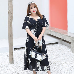 Spring and summer new fat sister plus fertilizer XL women's chiffon flower dress holiday beach skirt