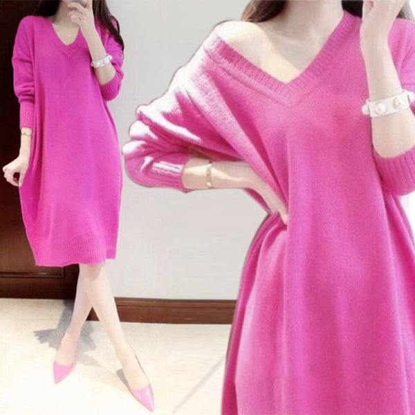 Spring and autumn new women's small fragrance V-neck long-sleeved sweater  large size loose long section