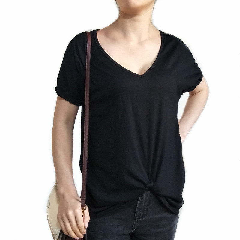 women's new fashion V-neck flat sleeve hem twisted short-sleeved solid color T-shirt