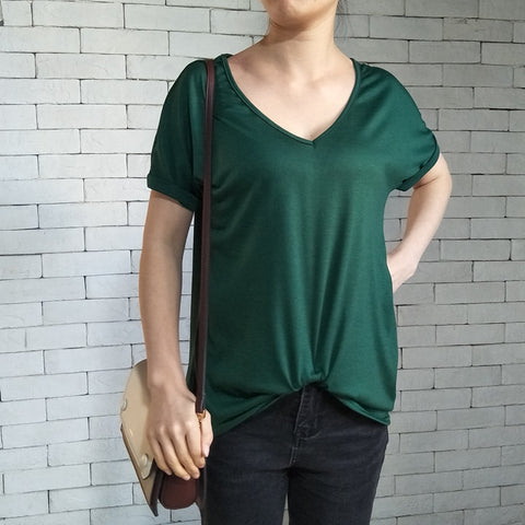 women's new fashion V-neck flat sleeve hem twisted short-sleeved solid color T-shirt