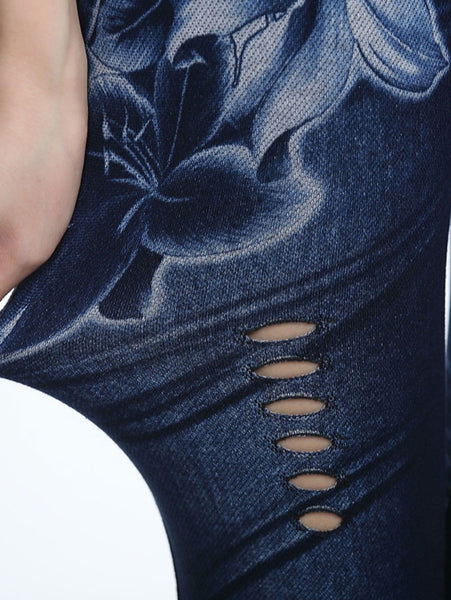 Hole Heart Printing Faux Denim Pants