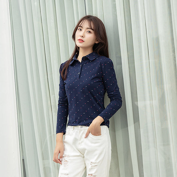 Autumn and winter new women's long-sleeved t-shirt bottoming shirt Korean fashion printing polo shirt cotton blouse