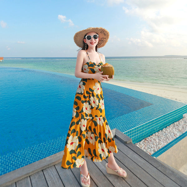 Maldives beach skirt fairy summer new seaside holiday dress sling print dress was thin