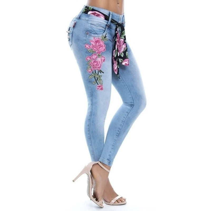 Women's Fashion Sexy Floral Print Skinny Jeans Denim Long Pants