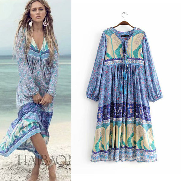 Holiday wind with high waist long skirt printed long-sleeved dress  autumn new