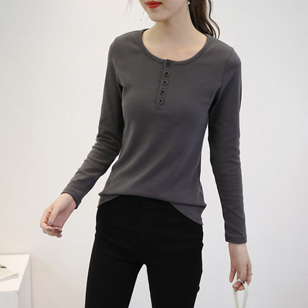 autumn new women's cotton long-sleeved T-shirt Korean version of the large size wild round neck five-button bottoming shirt shirt