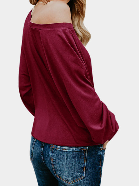 Women's long-sleeved solid color hem tied T-shirt tops