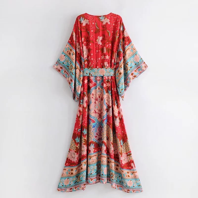 Summer new Bohemia V-neck print long skirt is waistband loose fashion kimono dress