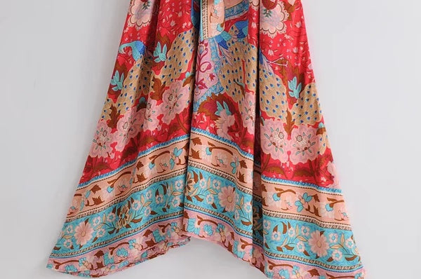 Summer new Bohemia V-neck print long skirt is waistband loose fashion kimono dress