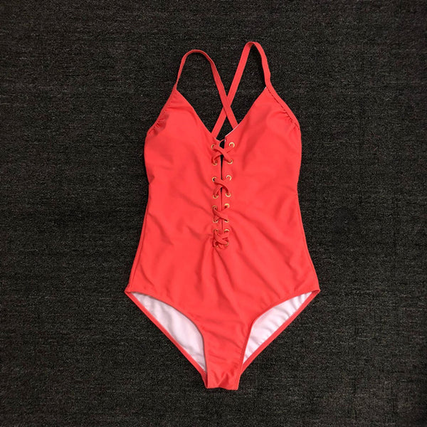 New lace-up one-piece swimsuit ladies sexy solid color bikini