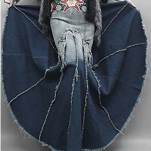 Blue Casual Denim Mermaid Gradient Fringed Midi Skirt