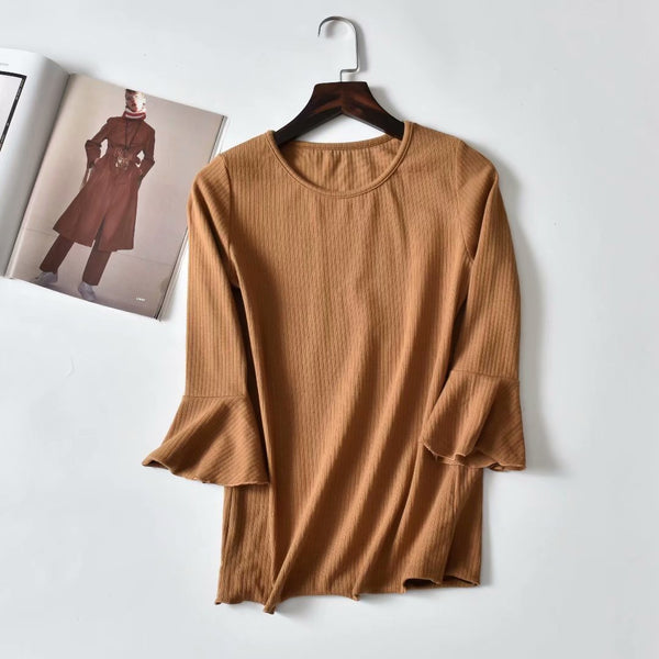 New women's solid color elastic long-sleeved T-shirt large size wild round neck shirt
