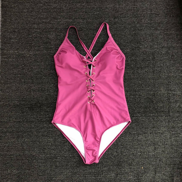 New lace-up one-piece swimsuit ladies sexy solid color bikini