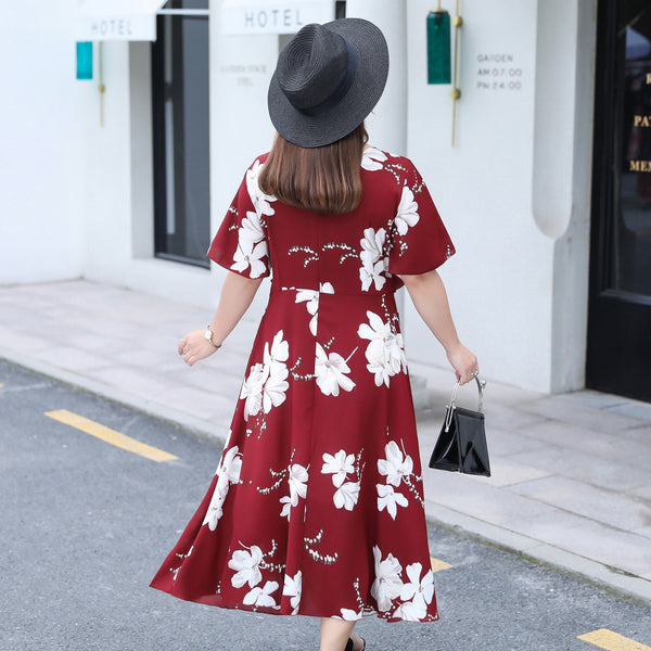 Spring and summer new fat sister plus fertilizer XL women's chiffon flower dress holiday beach skirt