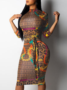 Digital Print Belted Midi Dress