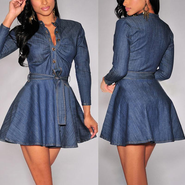 Denim Pleated Button Design Belted Casual Dress