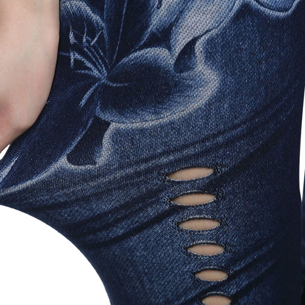 Hole Heart Printing Faux Denim Pants