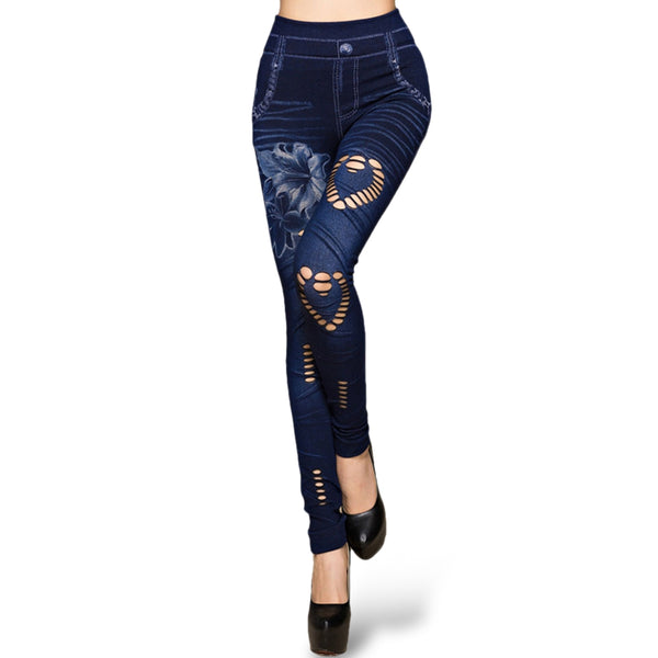 Hole Heart Printing Faux Denim Pants