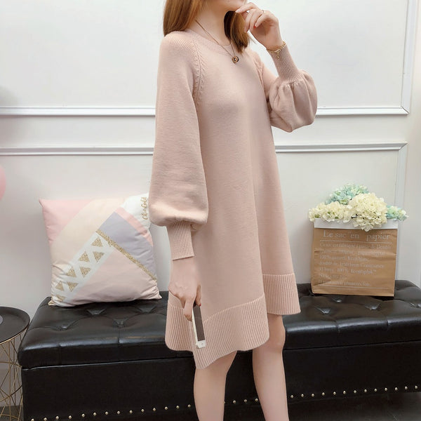 Spring and autumn new large size women's knit sweater bottoming shirt loose casual cover belly slim dress