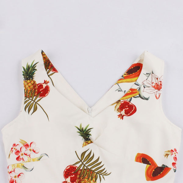 Zaful Hepburn Vintage Series Women Dress Spring And Summer V Neck Front&Back Pineapple Printing Design Sleeveless Corset Retro Dress