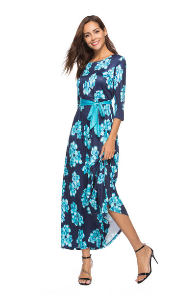 Summer Europe and America Printed Round Neck Cropped Sleeve Dress